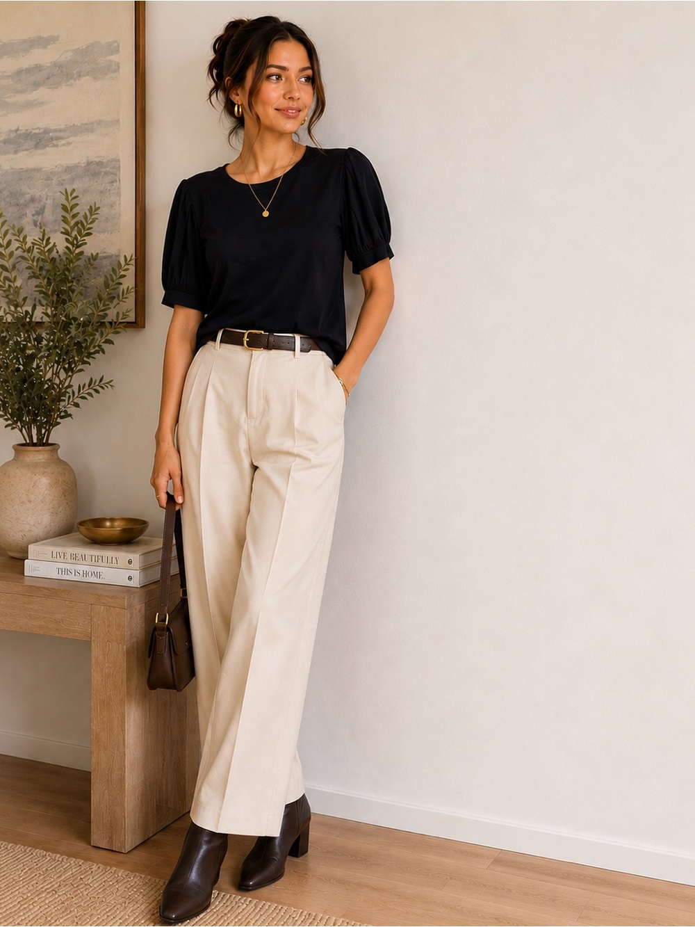 Boden Black Puff Sleeve Stretch Knit Top US 16 18 Minimalist Office Blouse‎ *